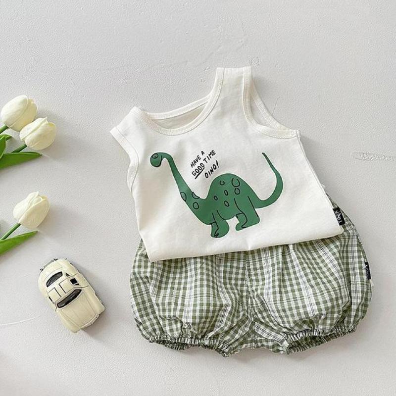 Boys Cute Cartoon Dinosaurs Summer Clothes Toddler Girl Pullover T-shirt Sleeveless Tops Plaid Short Girls Fashion Thin Suit