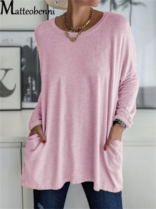 2021 Women Autumn Fashion Tunic Top Pocket Solid Color Loose Round Neck Long-sleeved T-Shirt Streetwear Casual Vintage Pullovers