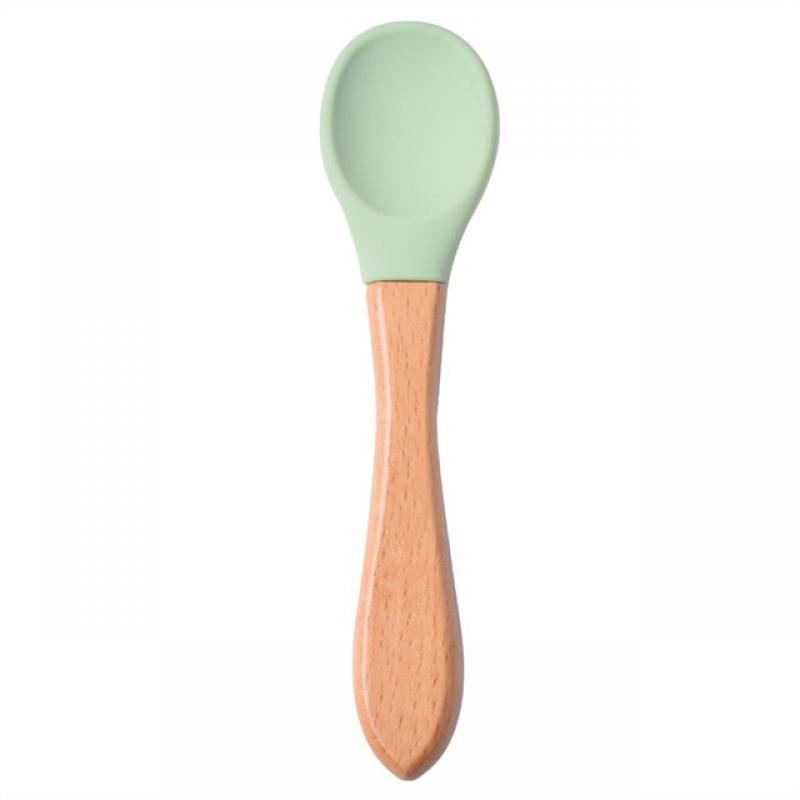 Baby Wooden Spoon Silicone Wooden Baby Feeding Spoon Organic Soft Tip Spoon BPA Free Food Grade Material Handle Toddlers Gifts