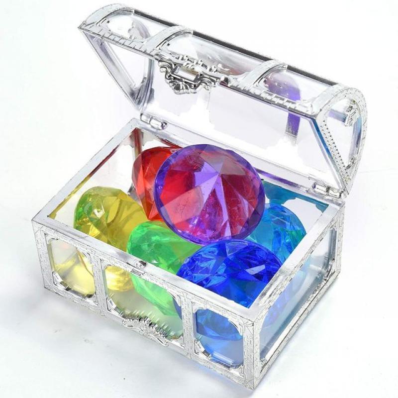 Pool Diving Gems Toys Colorful Diamonds Set with Big Treasure Chest Box Underwater Gems Dive Throw Toy Training Set for Summer