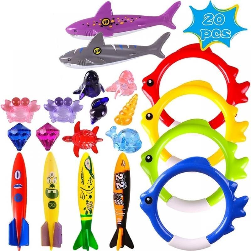 20PCS Summer Pool Diving Swimming Toys Shark Rings Sea Animals for Kids Girls Fun Swim Games Sinking Set Underwater Dive Gifts