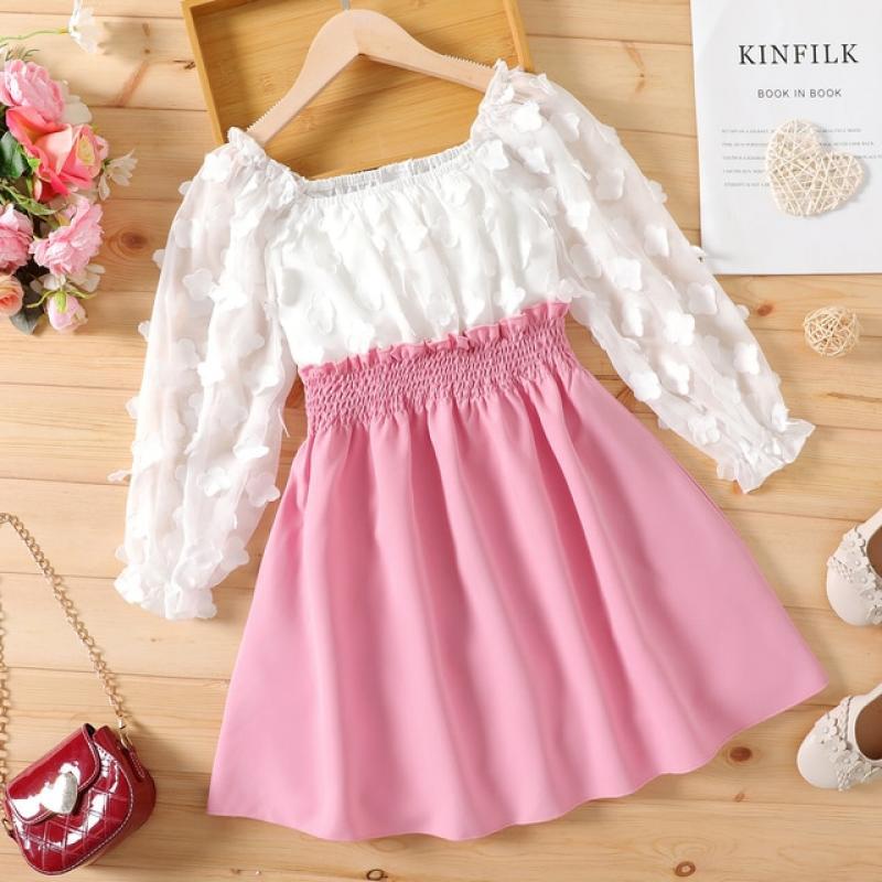 PatPat Kid Girl 3D Floral Design Smocked Splice Square Neck Mesh Long-sleeve Dress