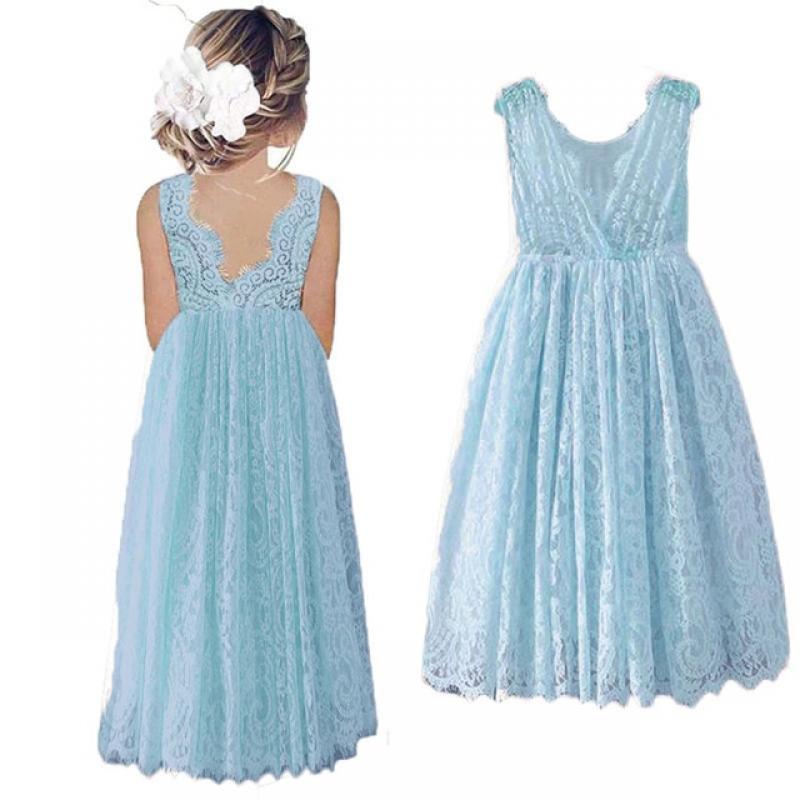 Plus Size Princess Girls Cotton Lace Party Long Dress Baby Kids Flower Girl Wedding Birthday Children Clothing 2 4  6 8 10 12 14