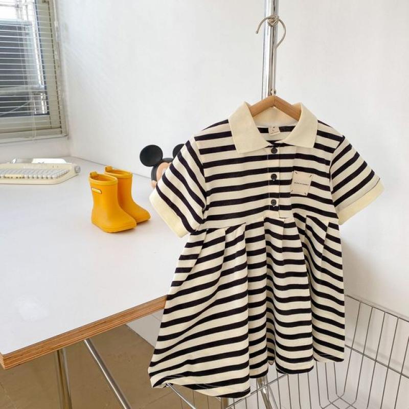 2-9 Y Korean Toddler Girls' Striped POLO Dress Summer Children's Siblings Baby Boys Set Knitted Stripes Casual Academy Style Set