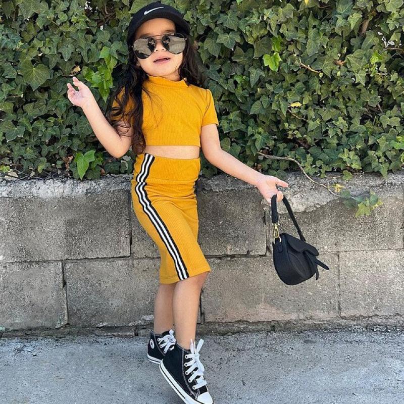 Qunq 2023 Summer Girls O Neck Short Sleeve Splicing Stripe Crop Top+Straight Skirt 2 Pieces Set Casual Kids Clothes Age 3T-8T