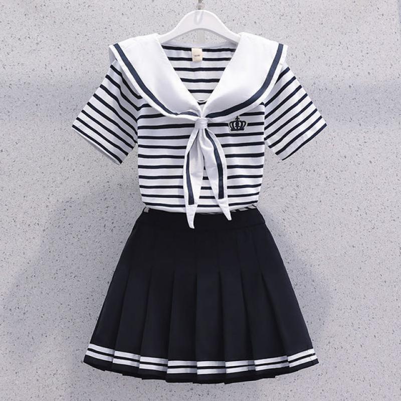 Summer Girls Suit Korean Style Sailor Collar Stripe Short Sleeve+Pleated Skirt 2Pcs Suits Jk Uniform Skirt Outfits for Girl 3-13