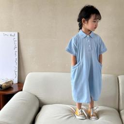 Summer Brother Sister Outfits Boy Children Solid Short Sleeves Shirts + Shorts 2pcs Girl Baby Cotton Casual Denim Princess Dress