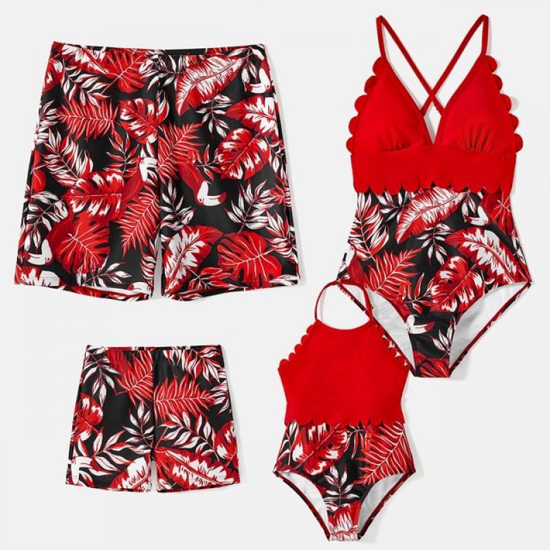 PatPat Family Matching Allover Plant Print Swim Trunks and Scallop Trim One-piece Swimsuit