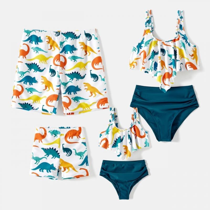 PatPat Family Matching Allover Dinosaur Print Swim Trunks and Ruffle Trim Two-piece Swimsuit