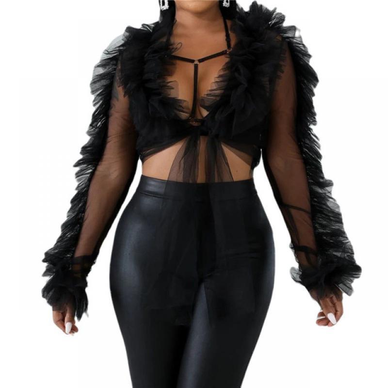 Summer Women Mesh Sheer Blouse Sexy See-through Long Sleeve Bowknot Tops Fashion Transparent Solid Shirts Female Blusas