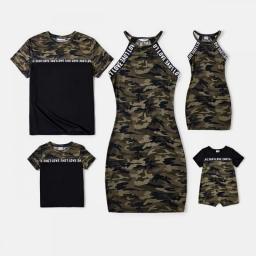 PatPat Family Matching Letter Design Halter Neck Sleeveless Bodycon Dresses And Cotton Short-sleeve Spliced T-shirts Sets