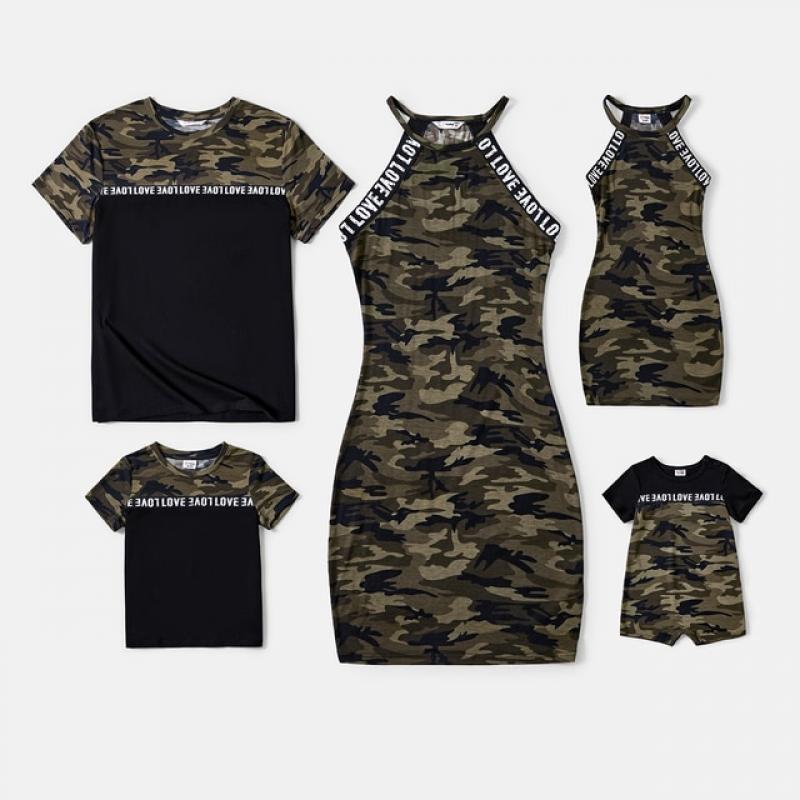 PatPat Family Matching Letter Design Halter Neck Sleeveless Bodycon Dresses and Cotton Short-sleeve Spliced T-shirts Sets