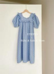Family Matching Summer Kids Girl Cotton Top Puff Sleeve Plaid  Woman Dress Toddler Baby Girl Bodysuit Mother Daughters Outfits