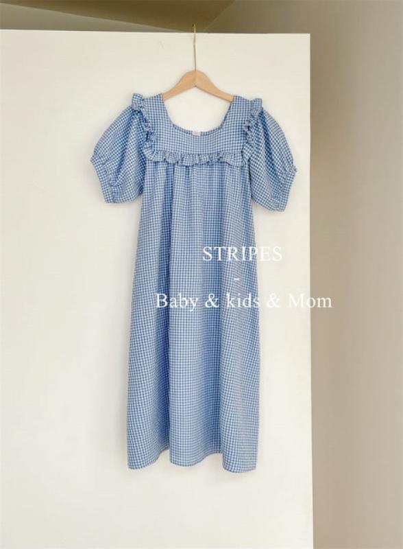 Family Matching Summer Kids Girl Cotton Top Puff Sleeve Plaid  Woman Dress Toddler Baby Girl Bodysuit Mother Daughters Outfits