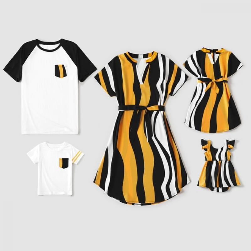 PatPat Family Matching Cotton Raglan Sleeve T-shirts and Striped Belted Dresses Sets