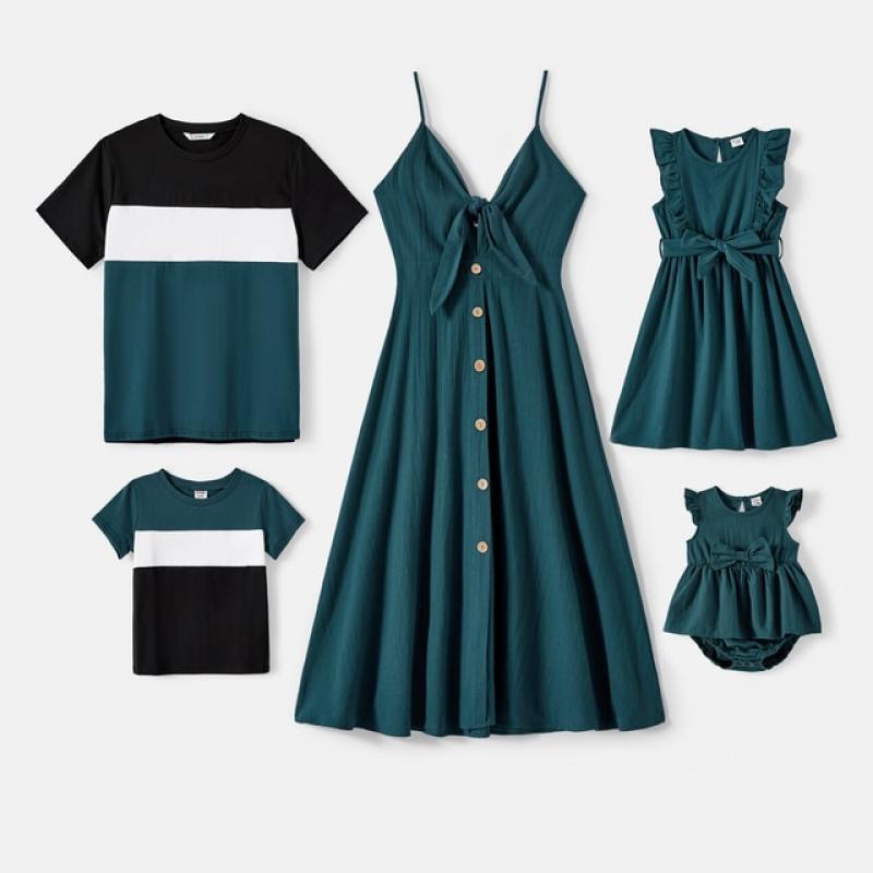 PatPat Family Matching Outfits Solid Knot Front Cami Dresses and Colorblock Short-sleeve Tee Sets