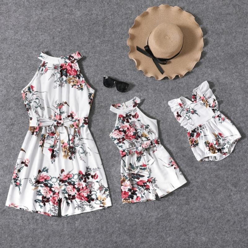 PatPat All Over Floral Print White Halter Neck Off Shoulder Belted Romper Shorts for Mom and Me