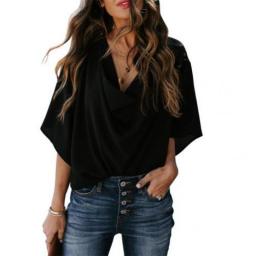 Women Fashion Solid Color Half Sleeve V Neck Draped Front Shirt Blouse T-shirt Summer Long Sleeve Chiffon Spring  Print Blouse