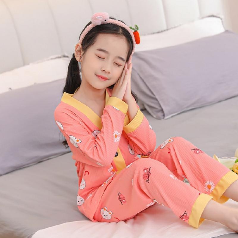 Girls Pajamas Sets Spring Autumn Long Sleeve Children's Sleepwear Set Cute V-neck Pajamas Girls Pyjamas Sets for Kids Nightwear