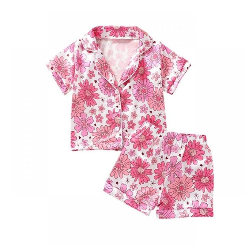 EWODOS 1-7 Years Kids Girls Pajamas Set Casual Flower Print Short Sleeve Turn-down Collar Tops with Elastic Waist Shorts Sets