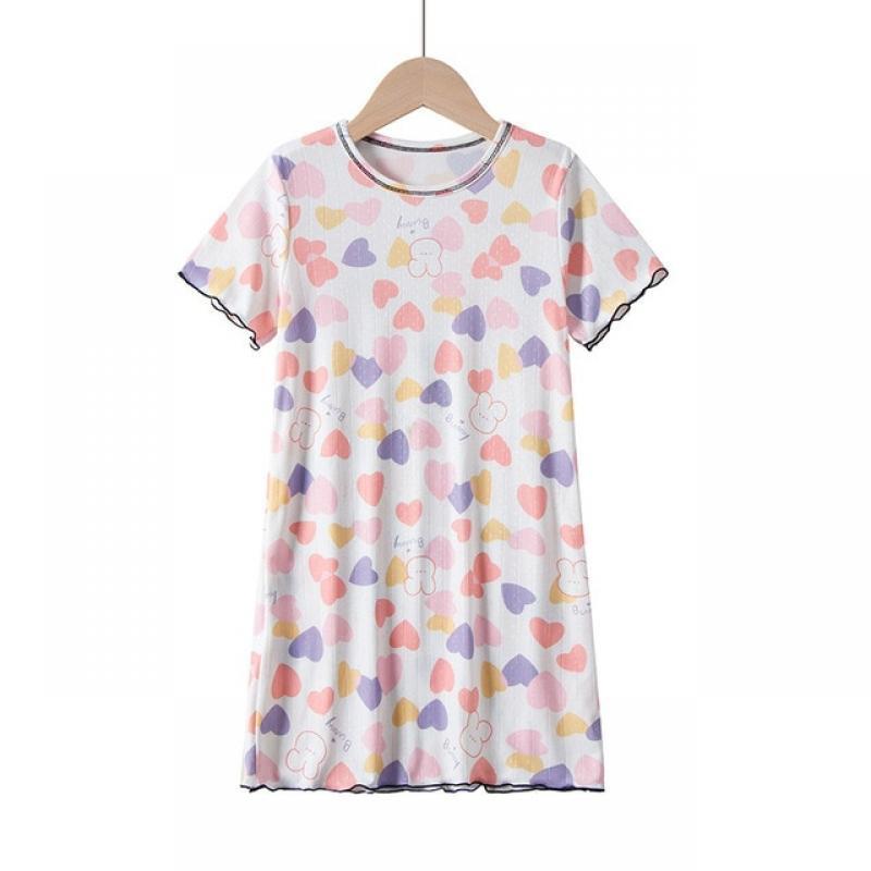 Summer Nightdress for Girls Pajamas Kids Short Sleeved Nightgown Cute 100% Cotton Child Baby Sleeping Dress Size 6 8 10 12 Years