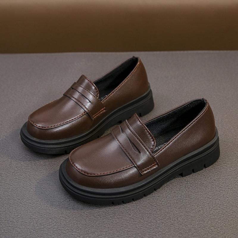 2023 Spring and Autumn New Boys Leather Shoes Children Britain Style Black Casual Shoes for Girls Performance Slip-on Loafers