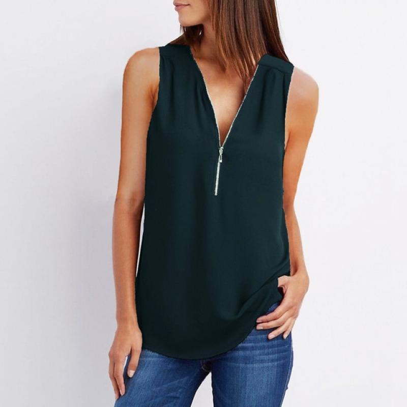 Plus Size S-5XL Sexy Sleeveless V Neck Zipper Blusas Chiffon Blouse Women Shirt Summer Casual Loose Tees Tank Tops Ladies Shirt