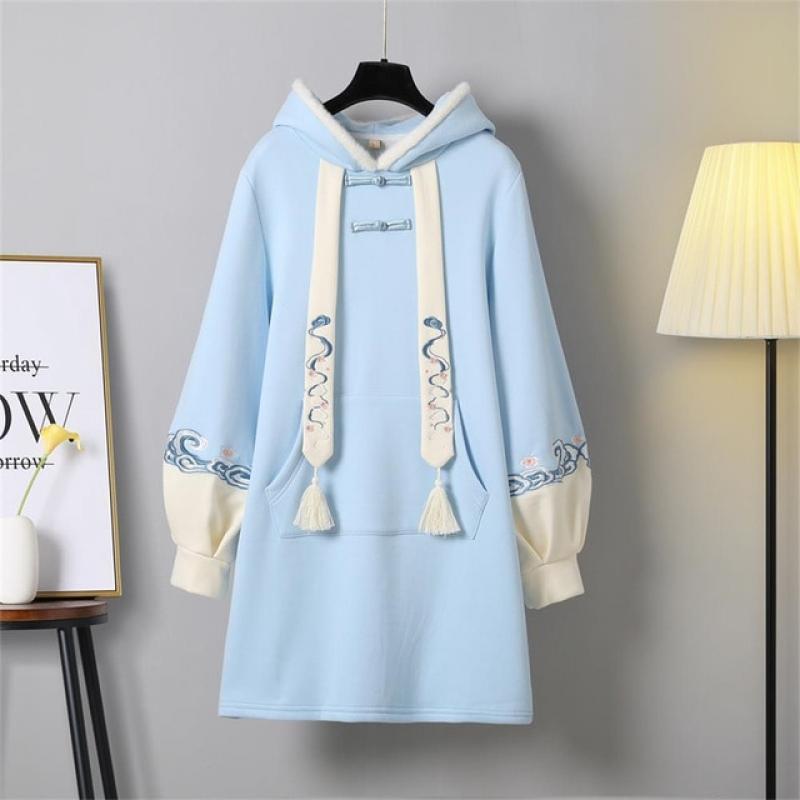 New Women's Sweatshirt Dress Embroidery Mid-length Vestido Thicken Chinese Style Hanfu Cheongsam Oversized Loose Hoodies