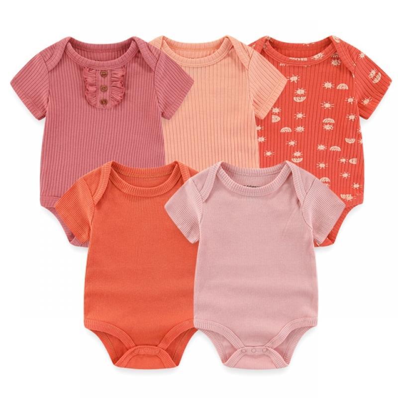 5Pieces Baby Girl Clothes Unisex New Born Bodysuits 2023 Cotton Baby Boy Clothes Set Cartoon Print Summer Solid Color Bebes