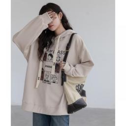 Women's Clothing White Sweatshirt Printing Plush Drawstring American Vintage High Street Winter Female Long Sleeve Pullover