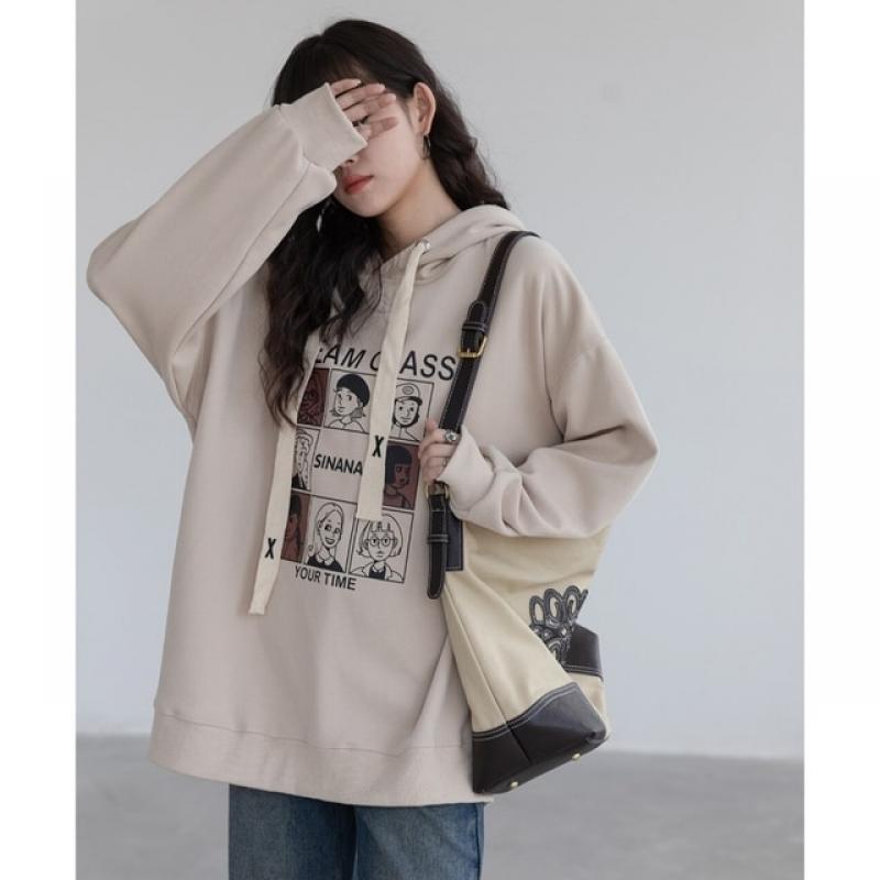 Women's Clothing White Sweatshirt Printing Plush Drawstring American Vintage High Street Winter Female Long Sleeve Pullover