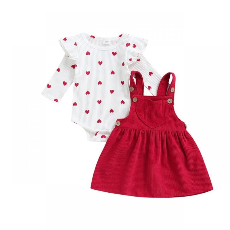 Valentine's Day Infant Baby Girl's Two-Piece Suit Heart Pattern Ruffle Long Sleeve O-Neck Romper tops+Corduroy Suspender Skirt