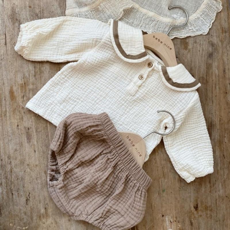Newborn Baby Girls Boys Summer Full Sleeve Navy Collar Top Tees Solid Bread Bottoms Infant Kids Pure Cotton Clothing Set 2pcs