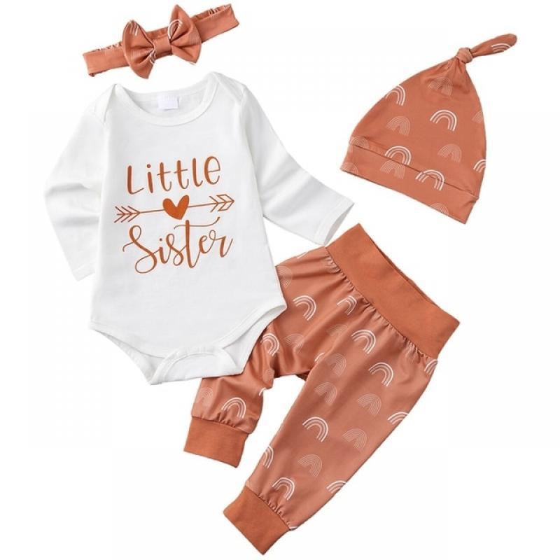 Baywell 4Pcs Baby Girl Romper Letter Print Long Sleeve Top+Floral Printed Pants+Headband+Hat Newborn Baby Girl Clothes Set