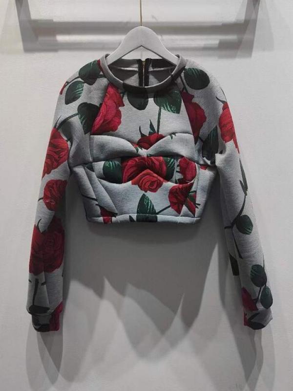 Designer retro printed round neck long sleeve high waist short sweater coat ladies spring new fashion Joker stereo tube top.