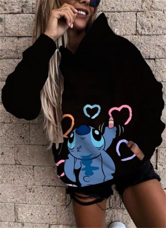 Disney Stitch Funny Spring and Autumn Cartoon Full Print Sweatshirt Ladies Hoodie Street Chic Pocket Top Fashion Lazy Jacket