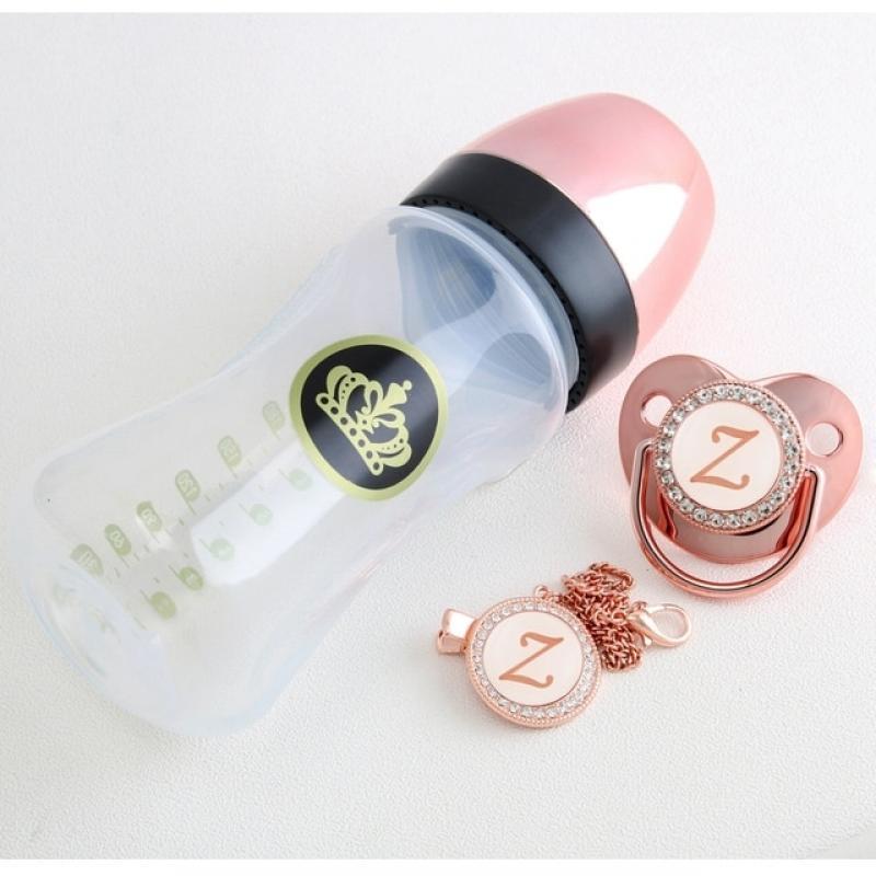 240ml Rose Gold Baby Bottle And Pacifier Set With Chain Clip 26 Letters Bling Pacifier Kit BPA Free