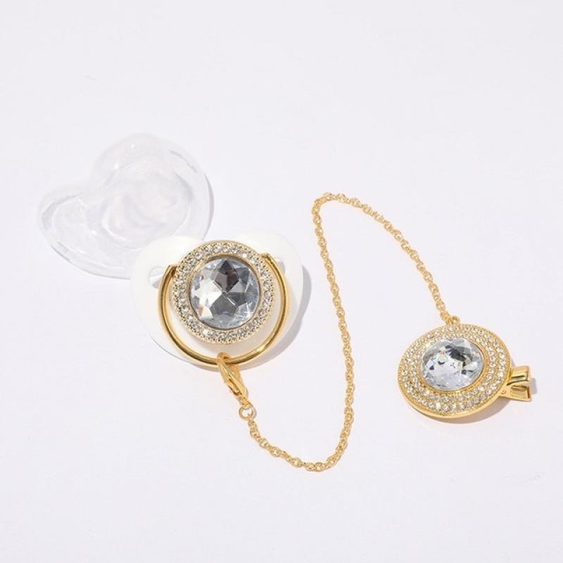 Infant Rhinestones Golden Baby Pacifier With Clips Silicone Baby Nipple Bling Diamond Newborn Dummy Soother