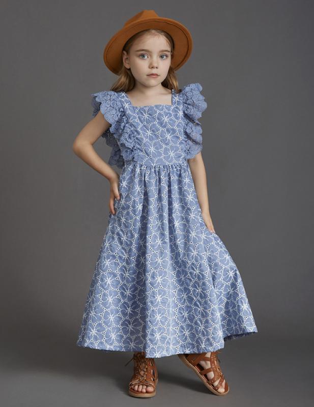 New 2023 Flower Girls Princess Long Dresses Baby Kids Lace Ruffle Armhole Embroidery Vestidos Costume Children Clothing