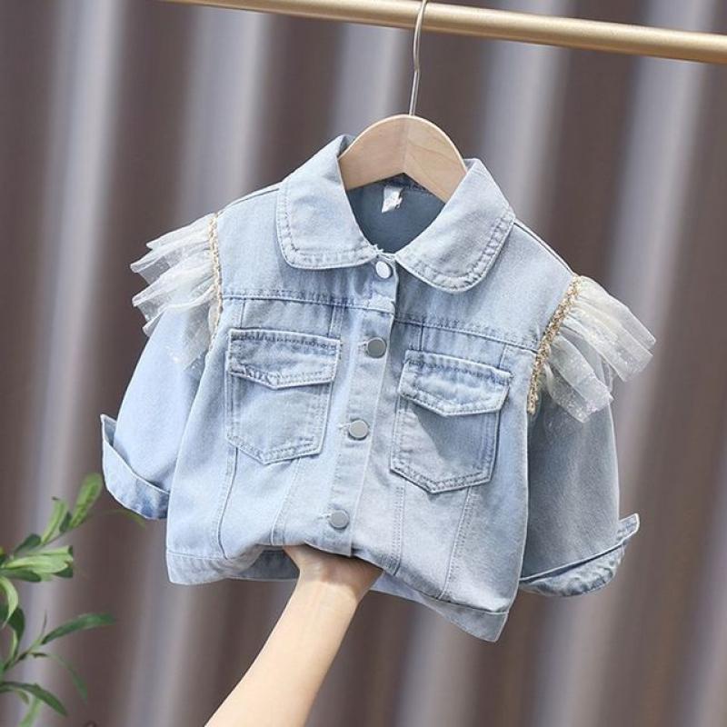 Spring Fall Fashion Girls Denim Jacket Falbala Full Sleeve Cartoon Cat Embroidery Casual Toddler Girl Lace Bow Jean Tops Outwear