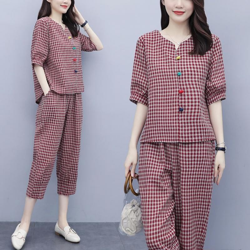 2022 Summer Women's 2Pcs Plaid V-neck Blouse+Pants Office Lady Two Pieces Set Casual Fashion Tops And Ankle-length Trousers Sets