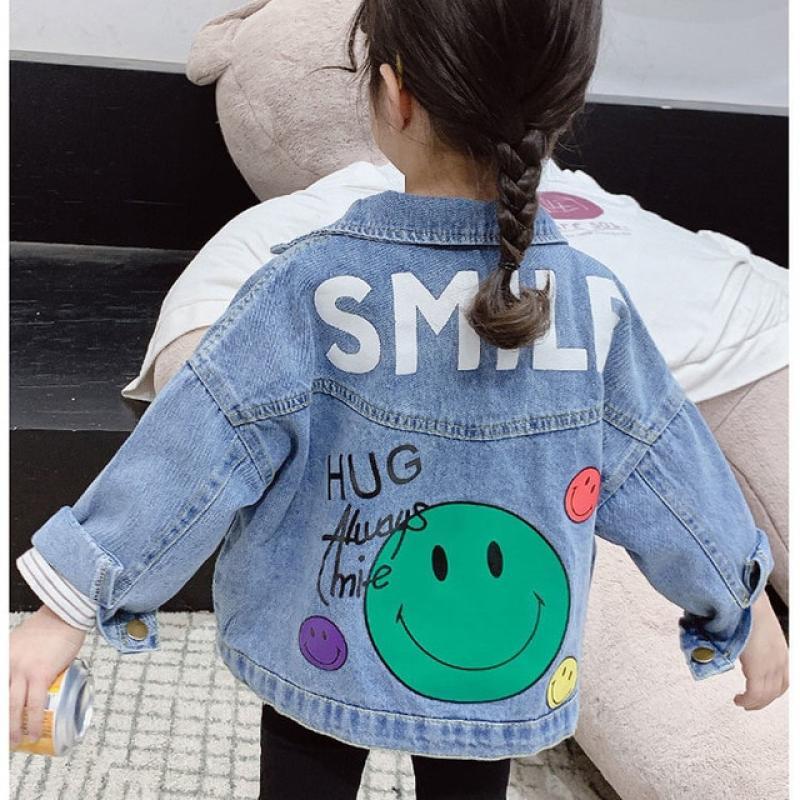 2-12 Years Old Spring Denim Girls Coat Fashion Cartoon Smile Full Sleeve Jacket For Kids Children Outdoor Windbreaker Outerwear