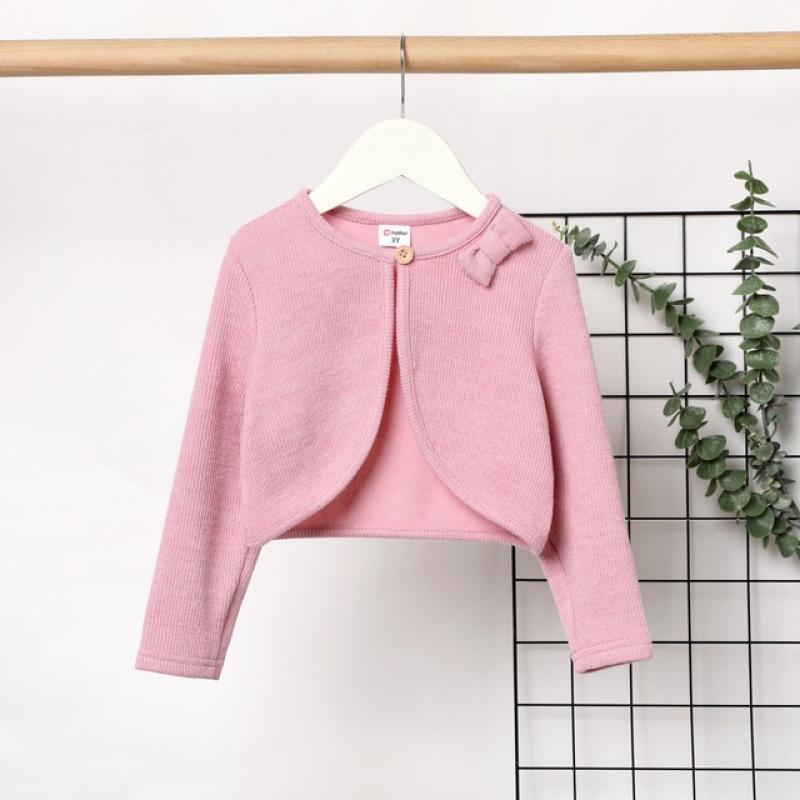PatPat Toddler Girl Solid Color Bowknot Design Ribbed Cardigan Jacket