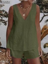 ZANZEA Summer Women Sleeveless Short Sets V Neck Blouse Casual Tank Tops And Shorts Beach Suit Fashion Loose Matching Set 2Pcs
