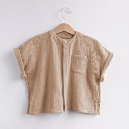 100Percent Cotton Muslin Boys T-shirt 2022 Summer New Children's Casual Loose Short-Sleeve Pocket Tops TZ057