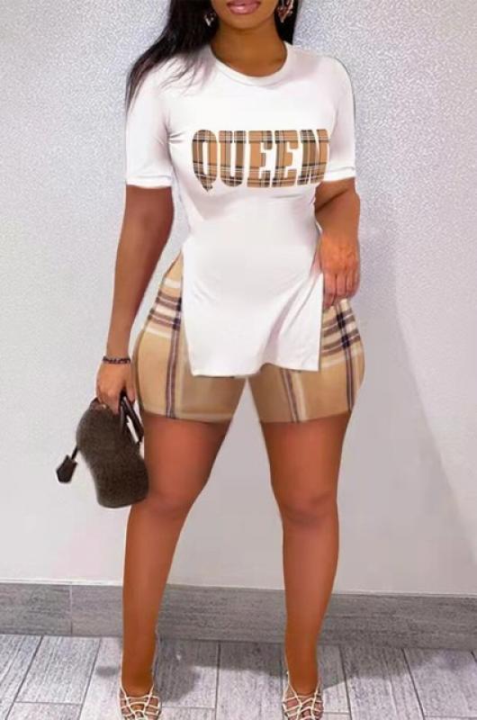 Summer Women Shorts Suit Sets Short Sleeve Round Neck Plaid Letter Print Split Hem Top and Summer Shorts Set Woman Clothing Set