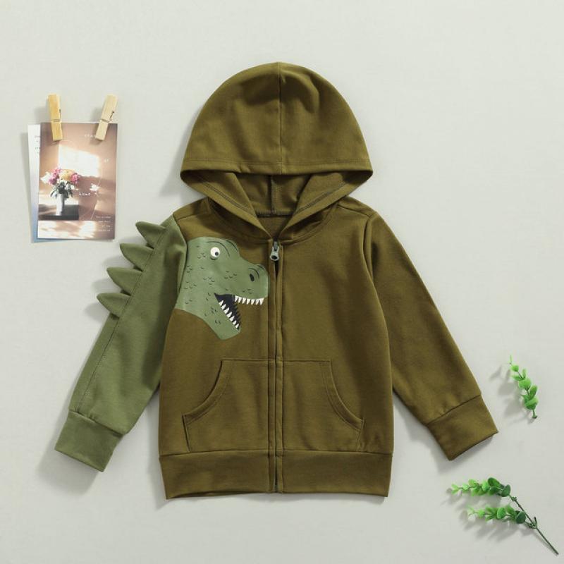 Toddler Infant Cute Baby Dinosaur Pattern Hooded Sweatshirt, Kids Color Block Long Sleeve Zipper Cardigan with Pockets