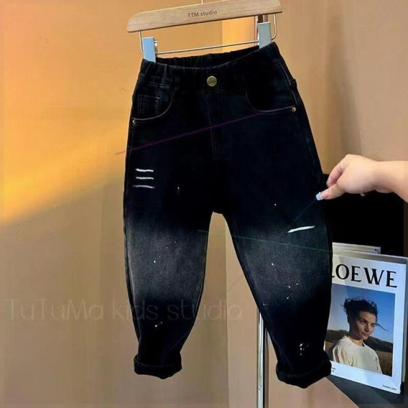 Korean Version Of Childrens Clothing Gradient Jeans For Boys Casual Plush Jeans For Boys Baby Trendy Sports Pants For Big Boys