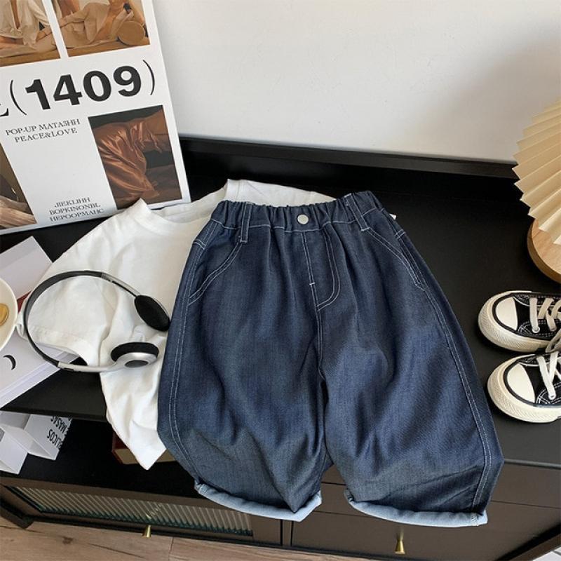 2023 Summer Kids label embroidery straight jeans Boys fashion loose denim pants thin style trousers