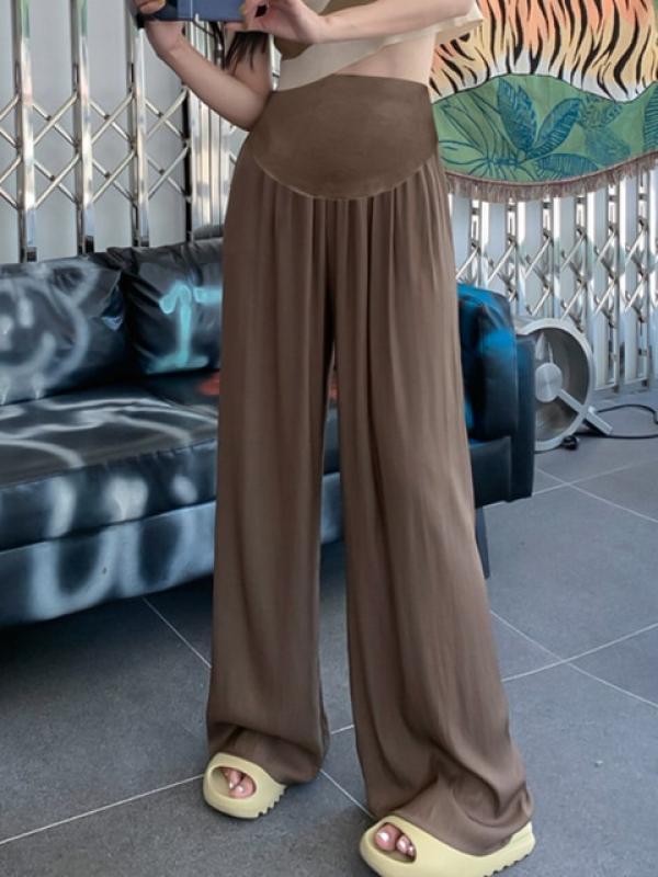 Summer Thin Pregnant Women Floor-length Pants Solid Color Cool Fashion Wide Legs Maternity Belly Trousers Air Conditioning Pants
